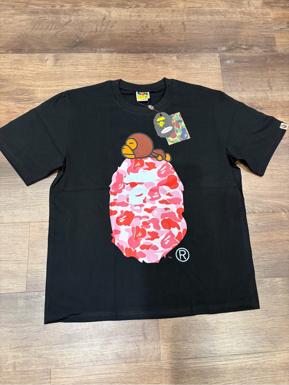 Bape Black Tee with Pink & Red Camo Ape Head